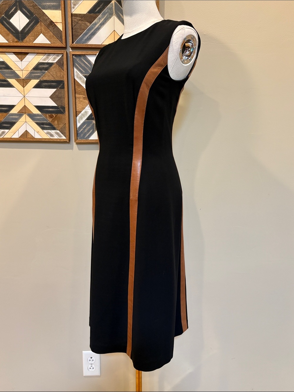 Ralph Lauren Collection Caitlin Black Sleeveless Tan Leather Detail Dress size 0 - Picture 3 of 14
